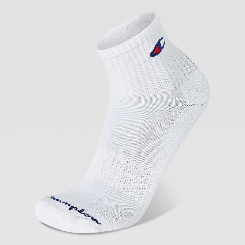 A white athletic Champion 6Pk Mens Cushion High Quarter sock with ribbed cuffs, blue and red logo near the ankle, and blue toe text, shown on a plain light gray background—ideal for fans of Champion socks.