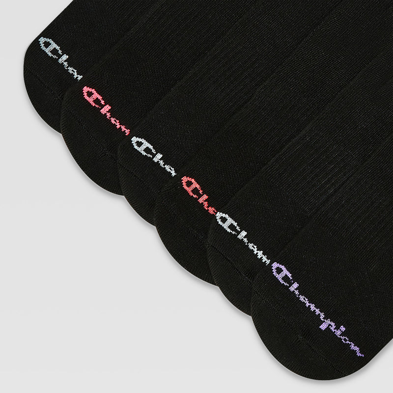Six pairs of black Champion Women's Cushion High Quarter socks are neatly arranged, each with the Champion logo in blue, red, white, purple, and green at the toe and designed with arch support for extra comfort.