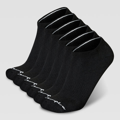 Six pairs of black Champion 6Pk Mens Cushion Low Cut socks with cushioned soles, white toe branding, and a white cuff stripe are displayed side by side on a light gray background.