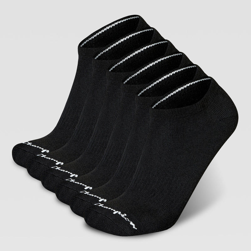 Six pairs of black Champion 6Pk Mens Cushion Low Cut socks with cushioned soles, white toe branding, and a white cuff stripe are displayed side by side on a light gray background.