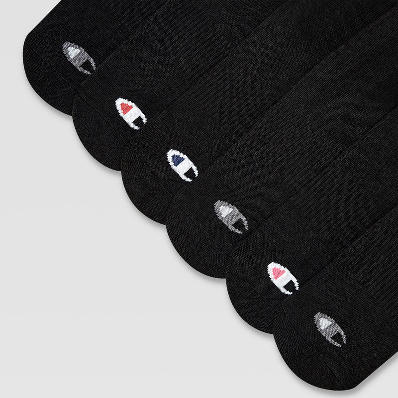 Six black Champion women’s low cut socks are arranged side by side, each featuring a white, red, blue, or grey logo near the toe. These socks offer cushioned support and moisture-wicking comfort for all-day wear.
