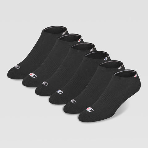 Six pairs of Champion 6Pk Womens Cushion Low Cut socks, featuring cushioned support and a small white and red logo on the toes, are neatly arranged in a row on a plain white background.