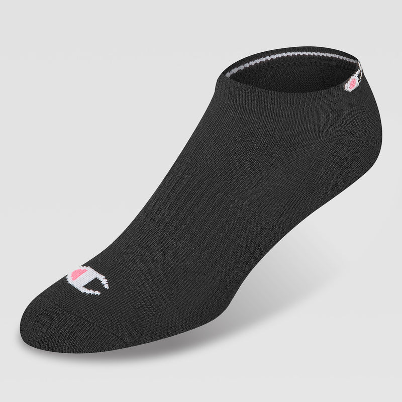 A single black sock from the Champion 6Pk Womens Cushion Low Cut features cushioned support and small white and pink embroidered logos near the toe and heel, shown on a plain white background.