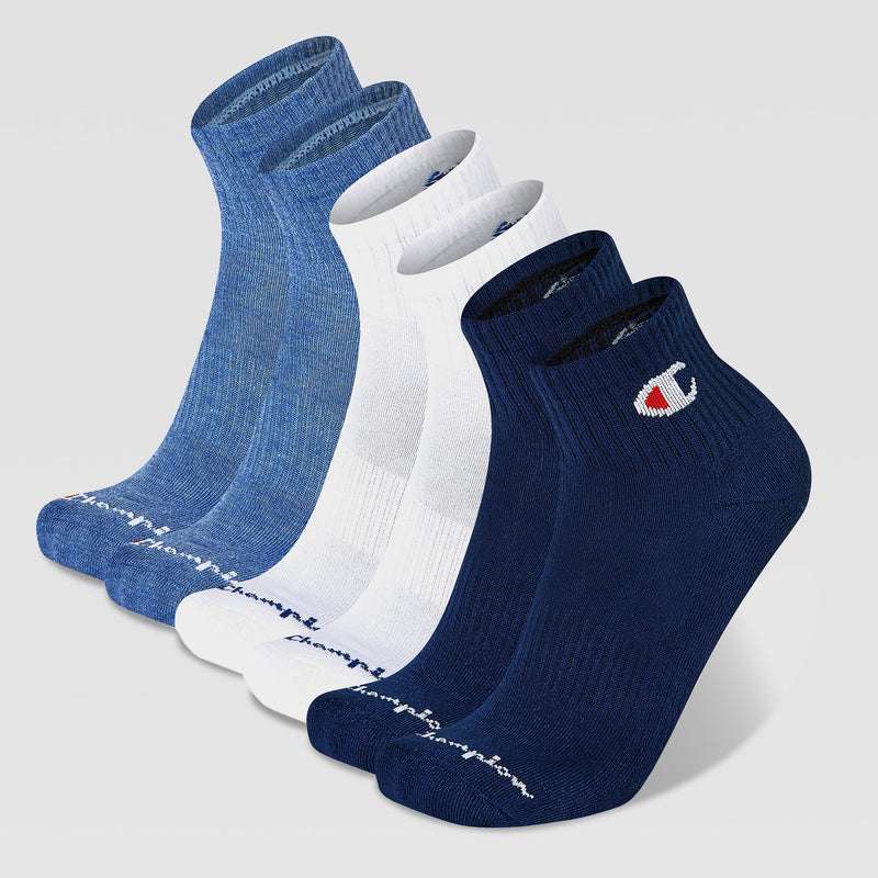 Six pairs of Champion men’s cushion quarter socks in blue, white, and navy, shown in a row with “Champion” on the toes and the iconic logo on the side.