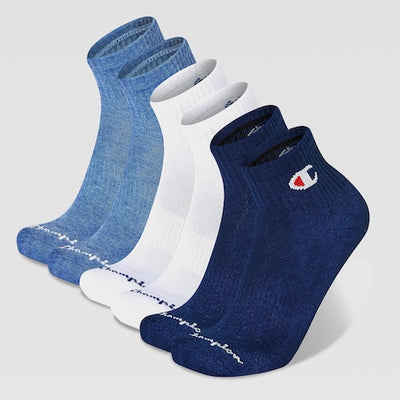 A set of four pairs of ankle socks in different shades: two light blue, one white, and one navy blue, all featuring the Champion logo and champion text near the toes.