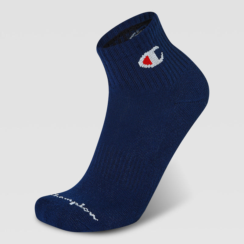 A single navy blue sock from the Champion 6Pk Mens Cushion Quarter set, with a ribbed texture, white and red logo by the ankle, and white text on the toe, shown on a light background—ideal stylish athletic socks.