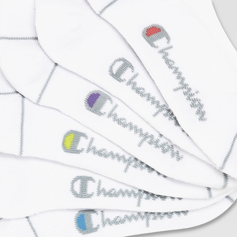 A pack of six white Champion Women's Cushion Quarter socks, each with the Champion logo and name in assorted colors. These moisture-wicking socks keep you stylish and comfortable all day.
