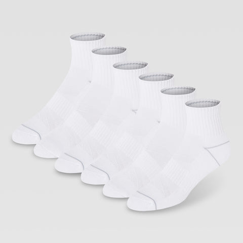 Six pairs of Champion Women's Cushion Quarter socks are neatly arranged on a plain, light gray background, highlighting their moisture-wicking comfort.