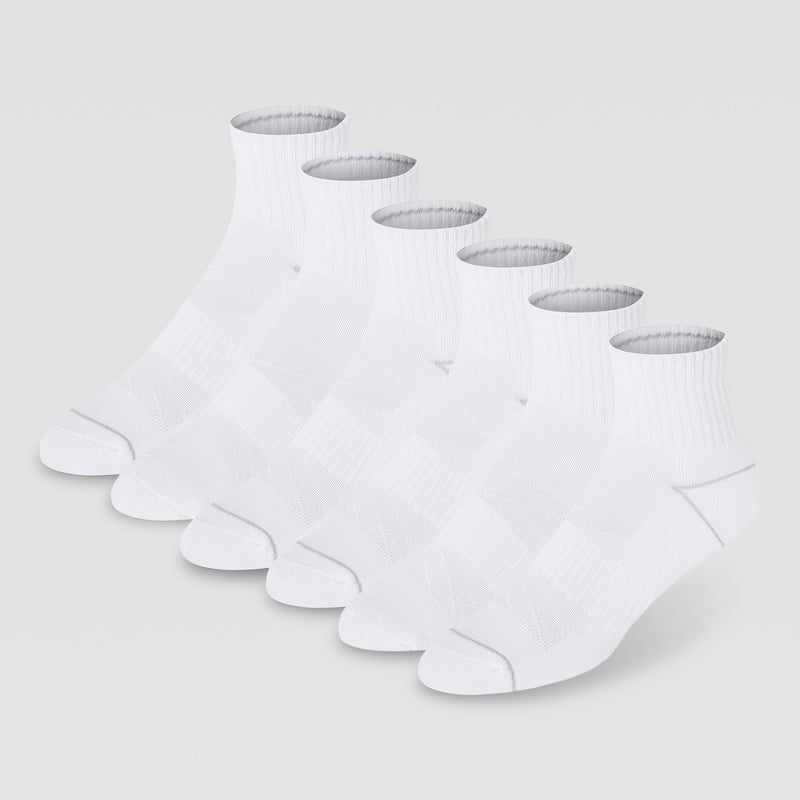 Six pairs of Champion Women's Cushion Quarter socks are neatly arranged on a plain, light gray background, highlighting their moisture-wicking comfort.
