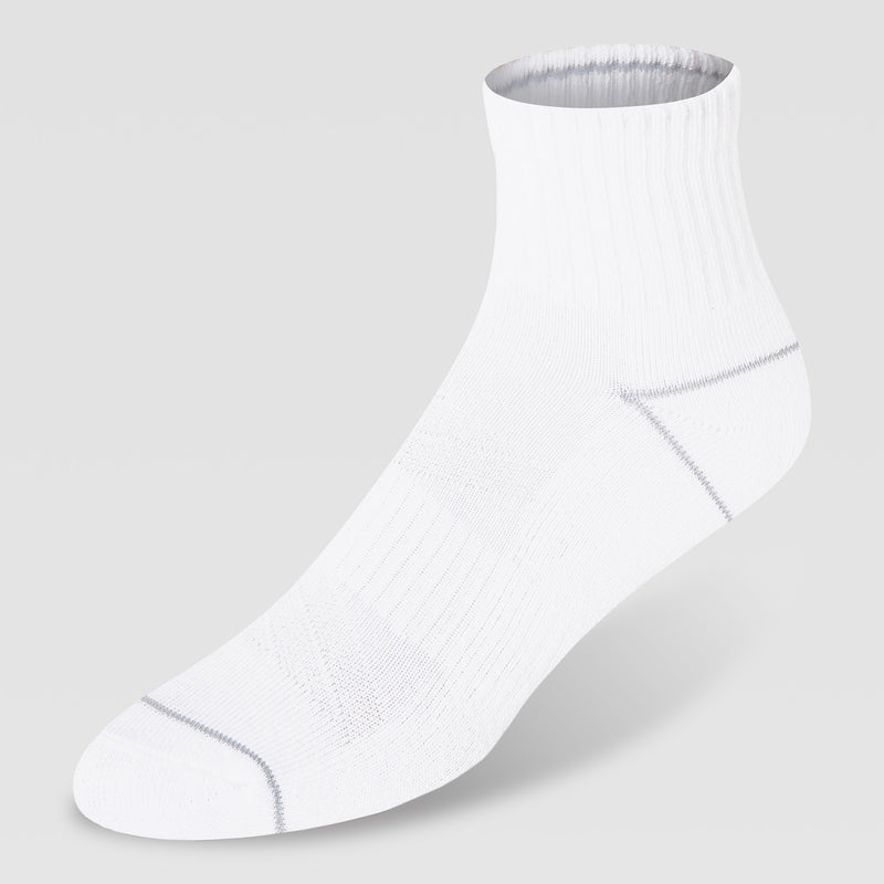 A Champion 6Pk Womens Cushion Quarter sock with ribbed cuffs and light gray accents on the toe and heel, made from moisture-wicking fabric, displayed on a plain light gray background.