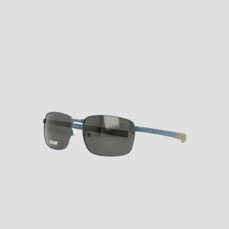 Champion Men's Polarized Stainless ST-Shirtl Flex Grip Tip sunglasses feature rectangular dark lenses set in thin blue metal frames, highlighted by silver flex grip temple tips. Designed for active lifestyles with polarized lenses, these sunglasses are showcased against a plain light gray background.