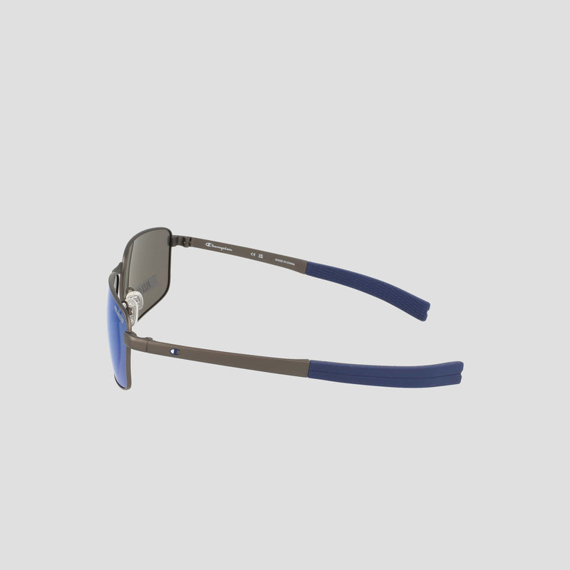 A pair of Champion Men's Polarized Stainless ST-Shirtl Flex Grip Tip sunglasses, featuring blue-tinted polarized lenses, a brown retainer frame designed for men, and blue flex grip temple tips, displayed on a light gray background and shown from a rear side angle—perfect for active lifestyles.