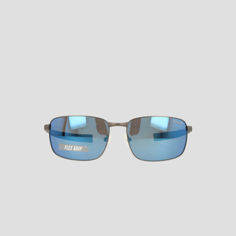 Champion Men's Polarized Stainless ST-Shirtl Flex Grip Tip sunglasses with rectangular blue reflective polarized lenses and a dark metal retainer frame, shown on a light gray background. The left lens displays a prominent “FLEX GRIP” sticker, highlighting these shades as an ideal choice for active lifestyles.