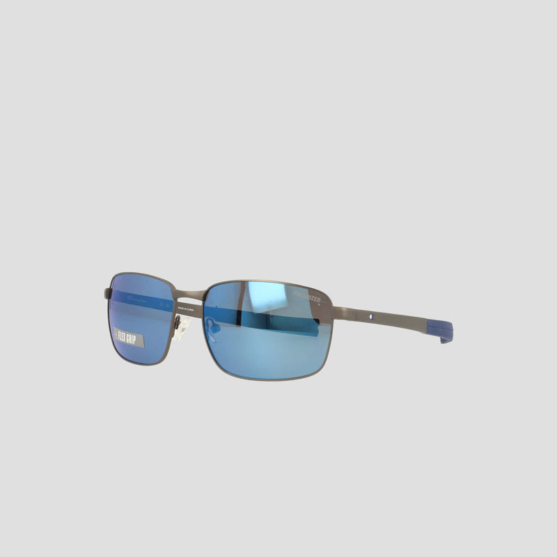 Men's Polarized Stainless ST-Shirtl Flex Grip Tip sunglasses by Champion feature a metal frame and rectangular blue mirrored polarized lenses, designed for active lifestyles, displayed on a light gray background.