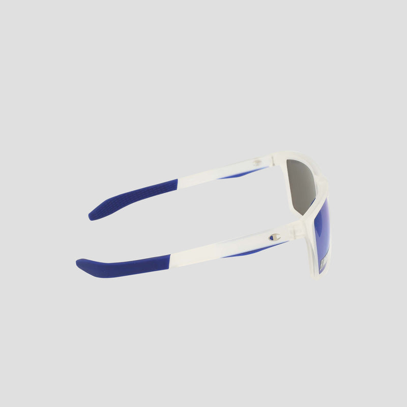 Side view of the Champion Men's Polarized Grilamid Flex Grip Tip - Medium sunglasses in white, featuring blue arms and blue-tinted lenses, set against a plain light gray background. Made from lightweight TR90 material, these polarized sunglasses deliver both comfort and clarity.
