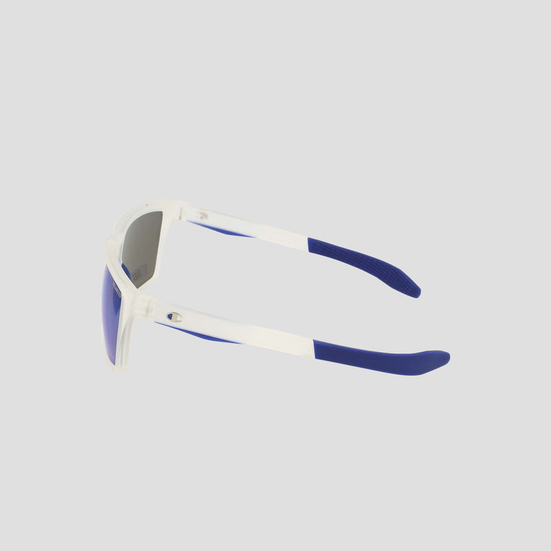 The Champion Men's Polarized Grilamid Flex Grip Tip - Medium sunglasses are displayed from a side angle on a plain, light gray background. Featuring a predominantly white frame complemented by blue arms and blue ear tips, these sunglasses are crafted from lightweight TR90 material for enhanced comfort and durability, making them ideal for everyday wear.