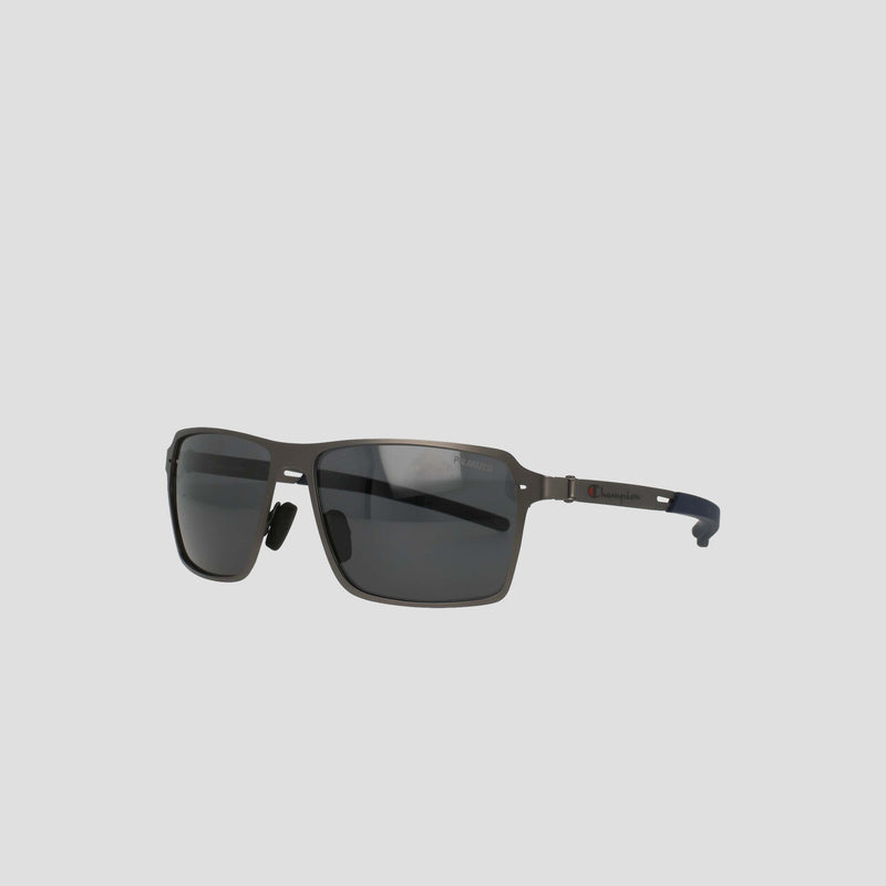 Champion Men's Polarized ST-Shirtl Comfort Fit sunglasses feature a sleek rectangular black design with thin stainless steel arms, adjustable rubber tips, and polarized lenses, set against a plain light gray background.