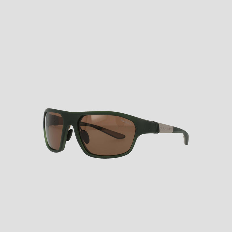 Champion Men's Polarized Comfort Fit - Large sunglasses in dark green feature a rectangular TR90 frame, brown-tinted polarized lenses, sleek metal accents on the temples, and adjustable rubber tips for added comfort—all presented against a plain light gray background.