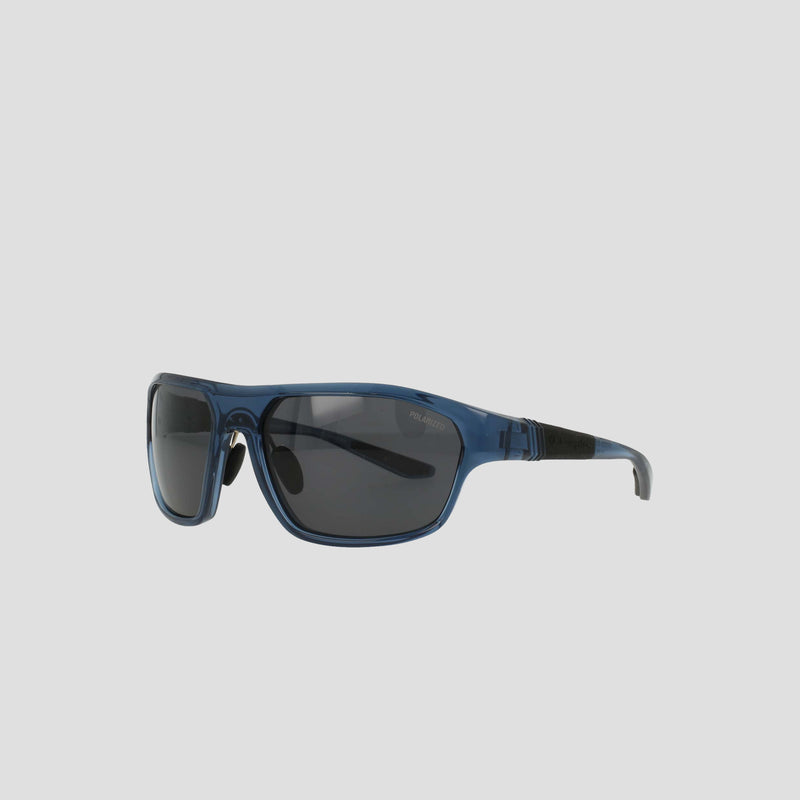 Champion Men's Polarized Comfort Fit - Large sunglasses, featuring a blue TR90 frame, dark tinted polarized lenses, and black arms with adjustable rubber tips, displayed on a plain light gray background.