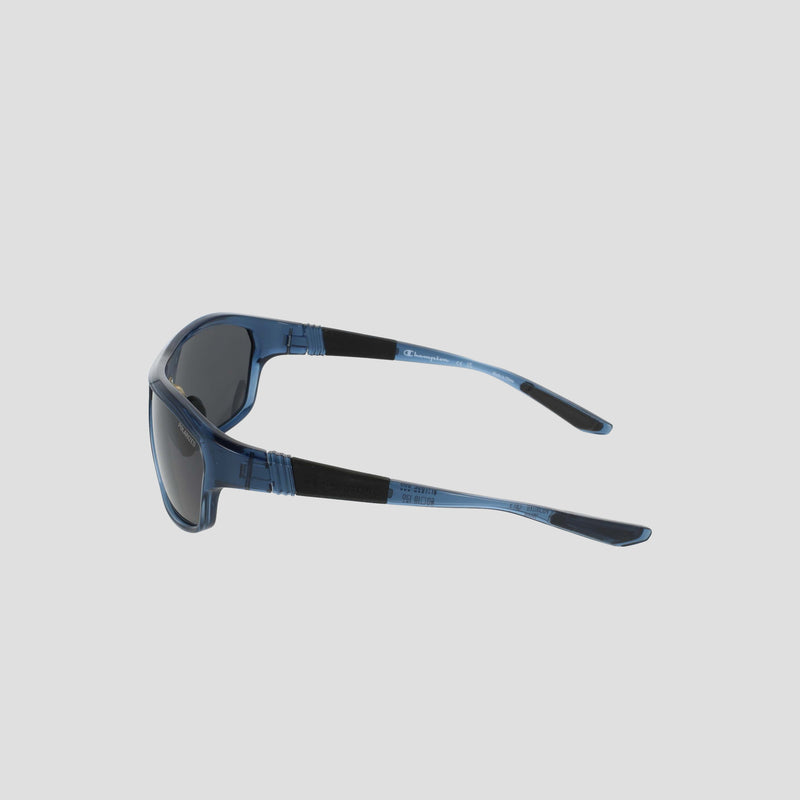 Champion Men's Polarized Comfort Fit - Large sunglasses in blue, featuring dark polarized lenses, black accents on the arms, a durable TR90 frame, and adjustable rubber tips—displayed from a side angle against a light gray background.