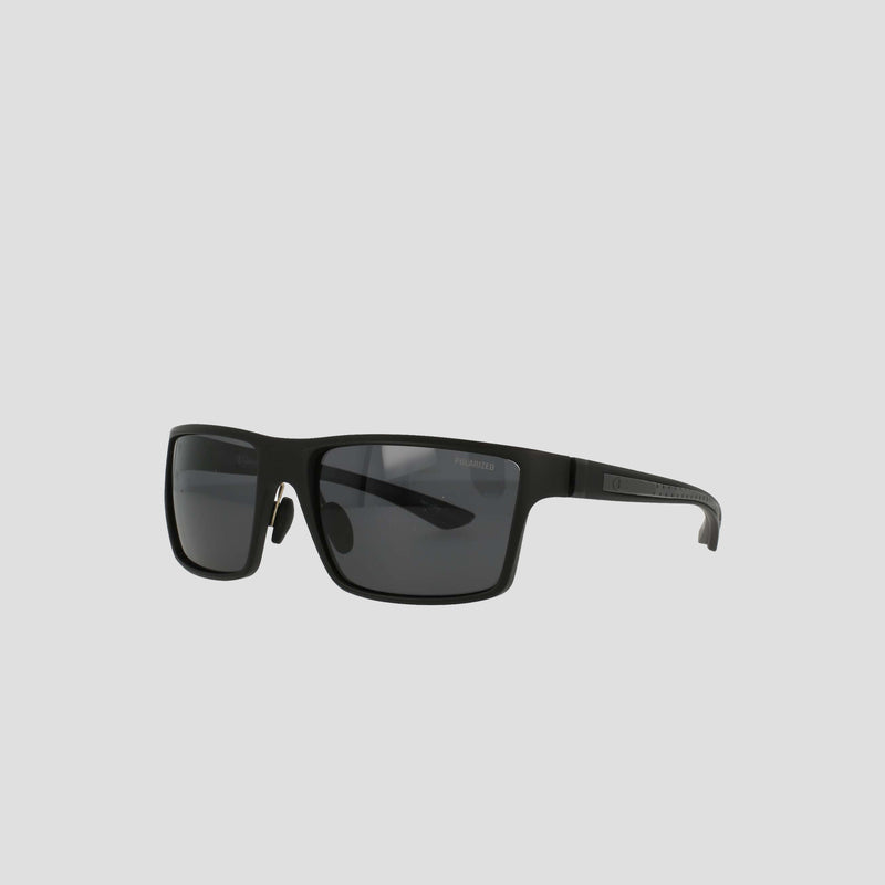 Men's Polarized Comfort Fit - Medium sunglasses by Champion, featuring a black rectangular design with dark polarized lenses and thick yet lightweight frames, displayed on a plain light gray background.