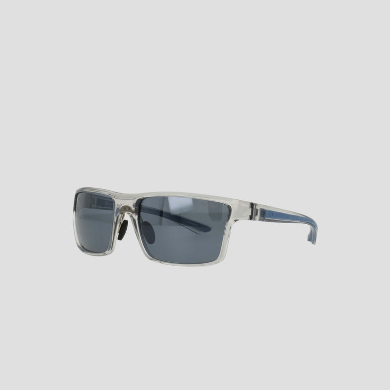 Champion Men's Polarized Comfort Fit - Medium sunglasses with clear frames and rectangular, dark-tinted lenses are displayed on a plain light gray background, positioned to showcase both the front and side of the lightweight frame.