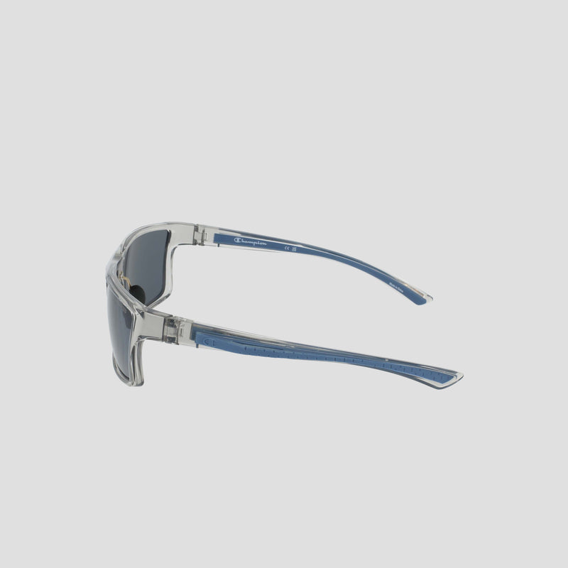 Men's Polarized Comfort Fit - Medium sunglasses by Champion, featuring clear frames with dark lenses, are shown from a side angle against a plain light background. The lightweight design includes blue arms with transparent edges, and the inside of the left arm displays branding and sizing details. These polarized sunglasses provide enhanced clarity and a comfortable wraparound fit for all-day wear.