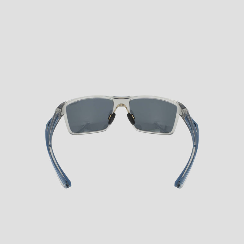 A pair of Champion Men's Polarized Comfort Fit - Medium sunglasses with a lightweight, clear frame, blue temples, and dark rectangular lenses, shown from the front with the temples open and facing outward.