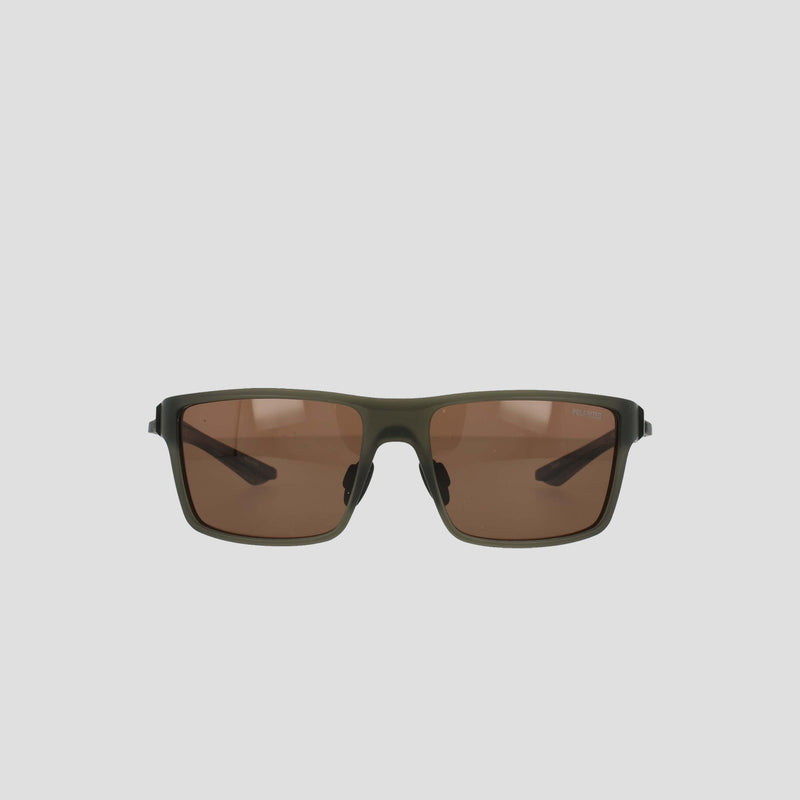 Front view of Champion Men's Polarized Comfort Fit - Medium sunglasses featuring rectangular olive green TR90 frames and brown tinted lenses, displayed against a plain light gray background.