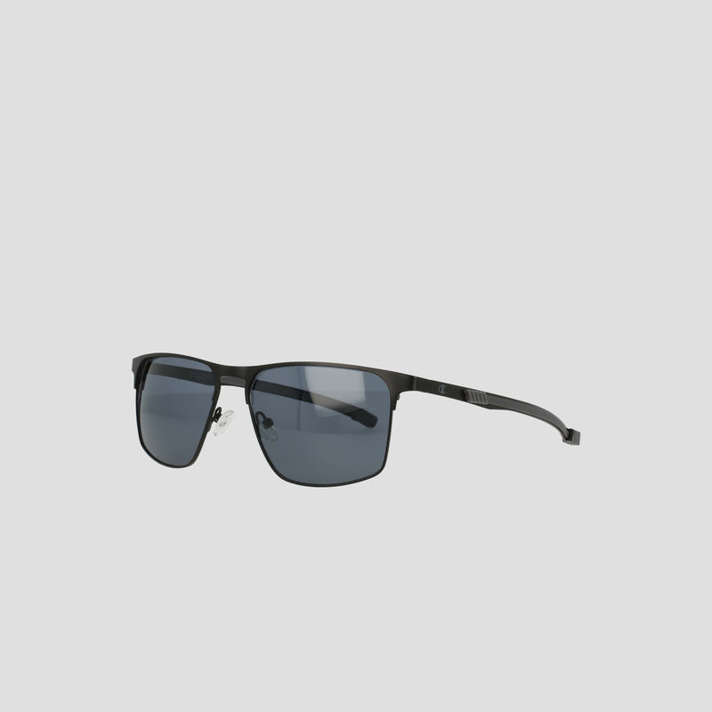 Champion Men's Polarized Retainer Stainless ST-Shirtl Square sunglasses, featuring a rectangular black design with dark tinted polarized lenses and thin stainless steel frames, are displayed on a light grey background.