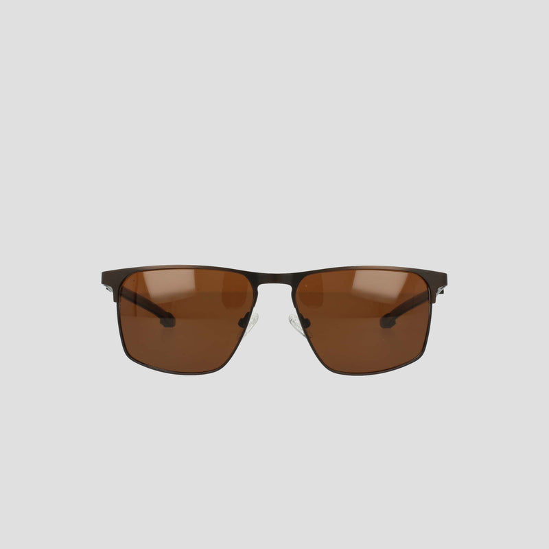 Men's Polarized Retainer Stainless ST-Shirtl Square sunglasses by Champion, featuring a thin black stainless steel rectangular frame and brown polarized lenses, displayed on a plain light background.