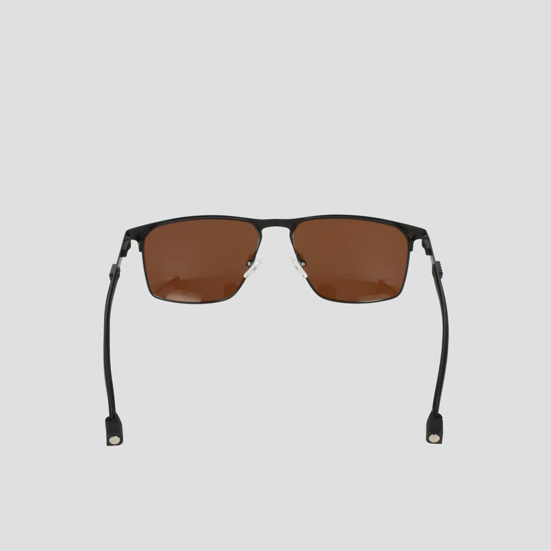 Champion Men's Polarized Retainer Stainless ST-Shirtl Square sunglasses, featuring a black frame and rectangular brown polarized lenses, with long, flexible black stainless steel arms, are displayed against a plain white background.
