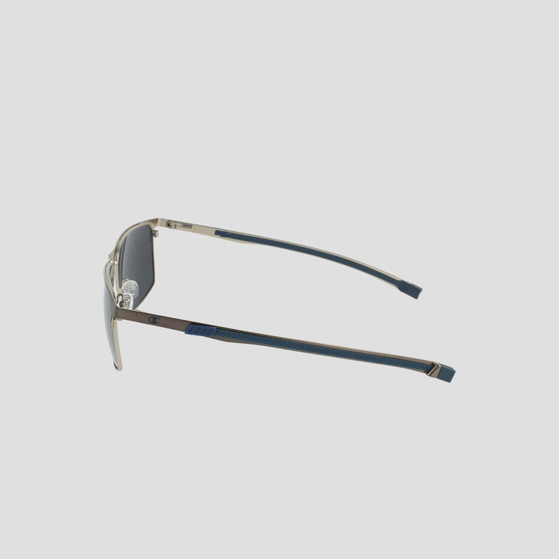 Men's Polarized Retainer Stainless ST-Shirtl Square sunglasses by Champion, featuring thin gold stainless steel frames, blue temples, and polarized lenses, displayed from a side angle against a plain light background.