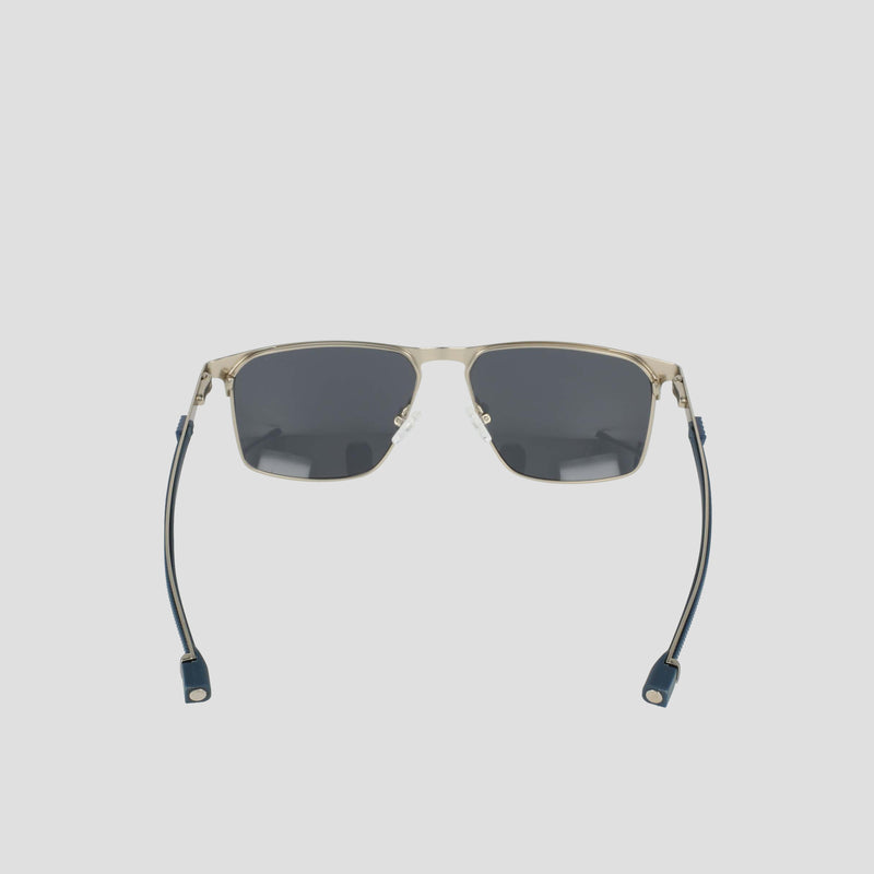 Champion Men's Polarized Retainer Stainless ST-Shirtl Square sunglasses showcased against a plain white background, featuring rectangular silver stainless steel frames, dark polarized lenses, and black cords attached at each temple.