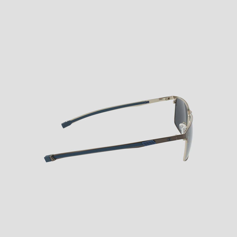 Side view of the Champion Men's Polarized Retainer Stainless ST-Shirtl Square sunglasses, featuring an aviator-style stainless steel frame with dark blue plastic arms and polarized lenses, shown against a plain light background.