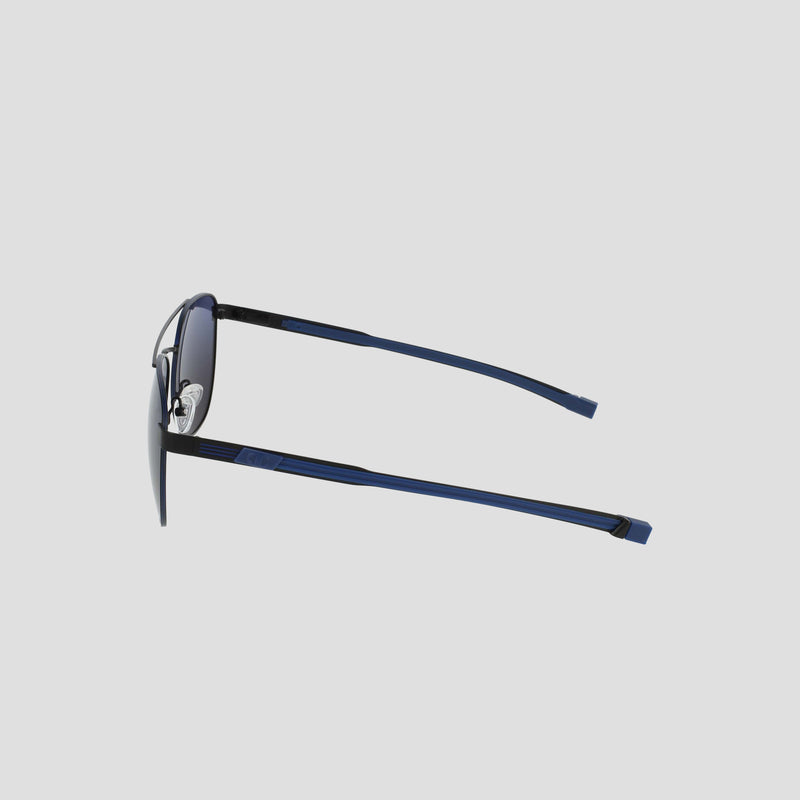 Side view of the Champion Men's Polarized Retainer Stainless ST-Shirtl Aviator sunglasses in blue, showcasing dark polarized lenses and slim blue arms with an adjustable nose bridge, displayed against a plain light grey background.