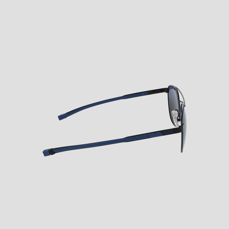 Side view of the Champion Men's Polarized Retainer Stainless ST-Shirtl Aviator sunglasses, featuring a blue frame and dark polarized lenses, displayed on a plain light gray background. The straight arms extend outward, while an adjustable nose bridge ensures a comfortable fit.