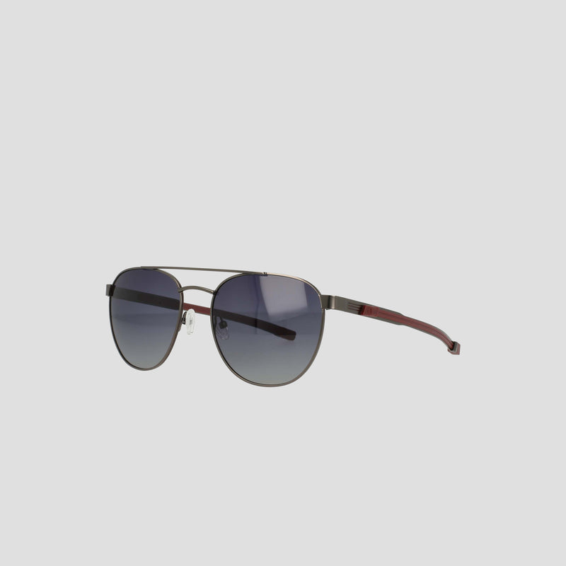 The Champion Men's Polarized Retainer Stainless ST-Shirtl Aviator sunglasses feature a thin, lightweight stainless steel frame with a double bridge, dark gradient polarized lenses, and maroon-colored arms, showcased against a light gray background.