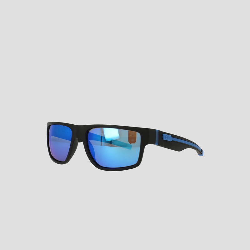 Champion Men's Polarized Retainer Rectangle sunglasses featuring blue mirrored polarized lenses and blue accents on the temples, expertly crafted with durable TR90 construction, displayed on a plain light gray background.