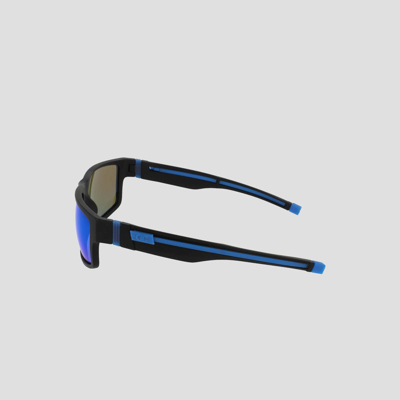 The Champion Men's Polarized Retainer Rectangle sunglasses are showcased from a side angle against a light gray background. Crafted with durable TR90 construction and polarized lenses, these shades blend high-performance features with a sporty design. The reflective blue-tinted lenses enhance the sleek black frame accented in blue for a bold, modern look.