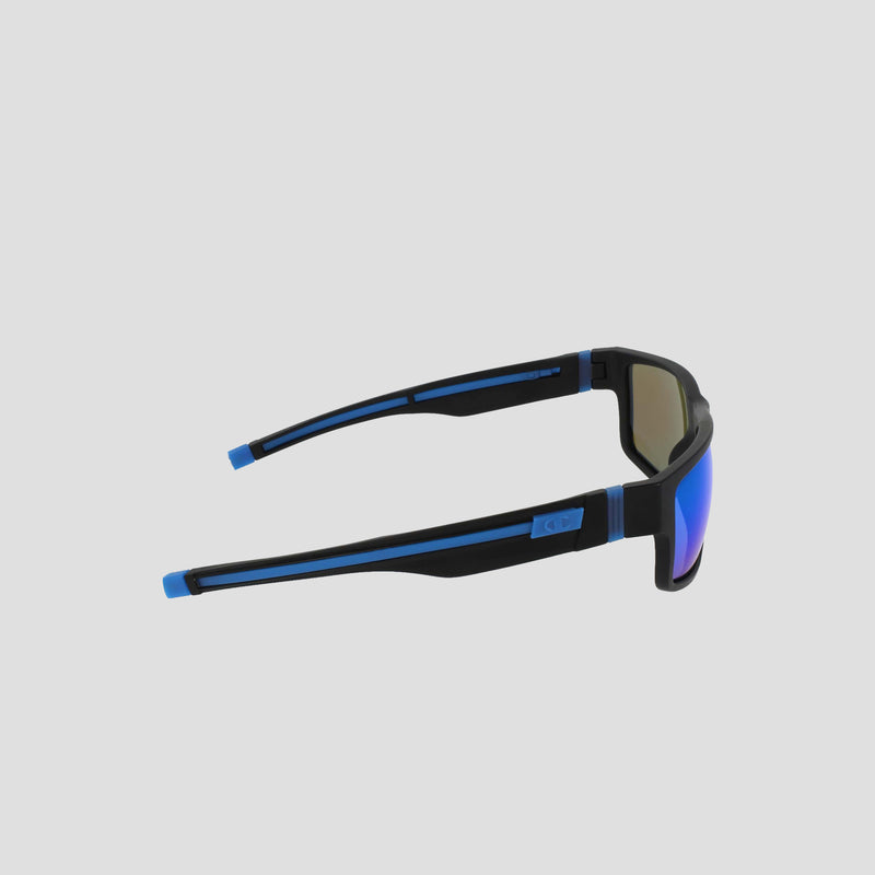 A pair of Champion Men's Polarized Retainer Rectangle sunglasses, featuring a high-performance retainer frame in black TR90 with blue accents and mirrored blue polarized lenses, is shown from a side angle on a light gray background.