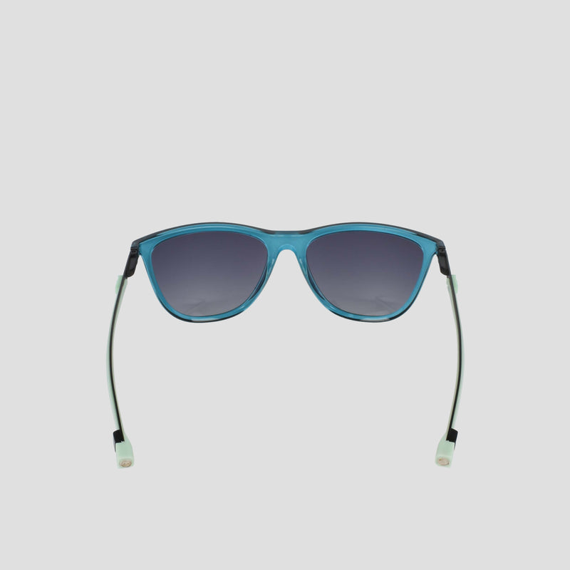 Champion Women's Polarized Retainer Rectangle sunglasses, featuring a blue frame and dark polarized lenses, are shown from the front. The straight temples end in pale green, translucent tips. Perfect for athleisure looks, these sunglasses are displayed against a light gray background.