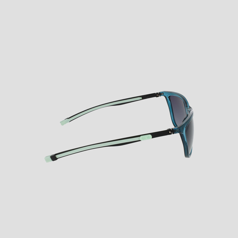 Champion Women’s Polarized Retainer Rectangle eyewear in blue and black with green accents, featuring polarized lenses, shown from a side angle on a plain light gray background.
