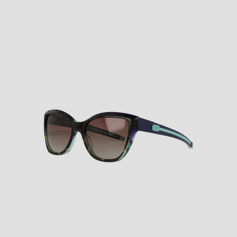 Champion Women's Polarized Retainer Square sunglasses in glossy black and teal handmade acetate, featuring gradient brown polarized lenses, shown on a plain light gray background.