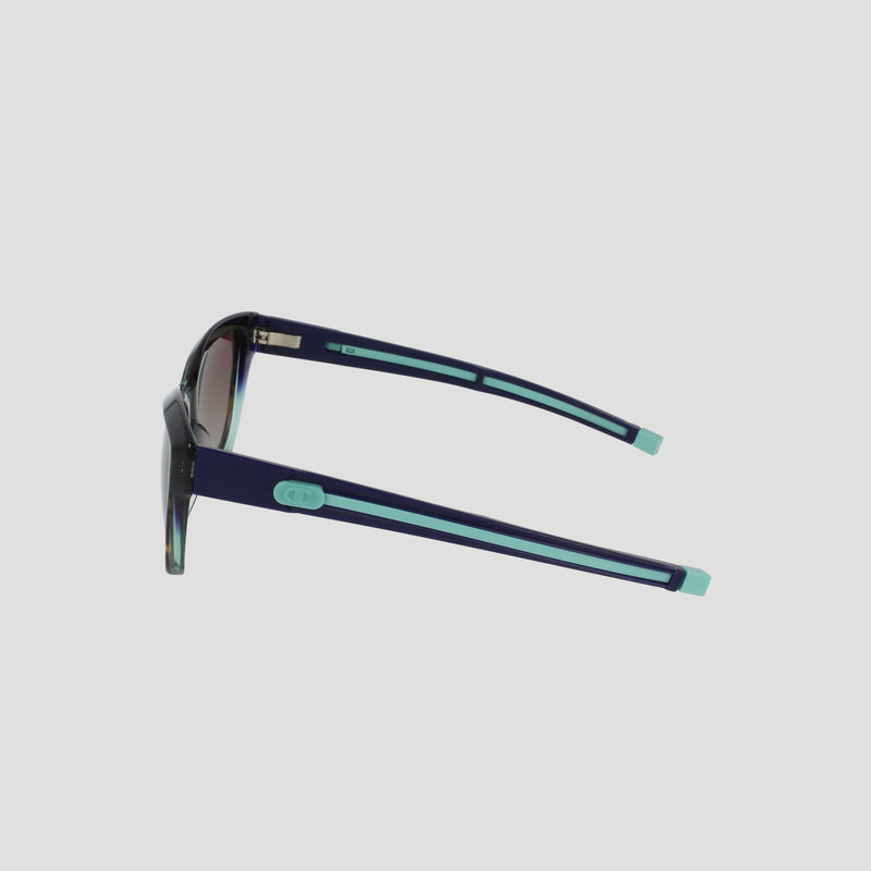 Side view of Champion Women's Polarized Retainer Square sunglasses featuring dark blue handmade acetate frames, light blue accents, and tinted polarized lenses, shown against a plain light gray background.