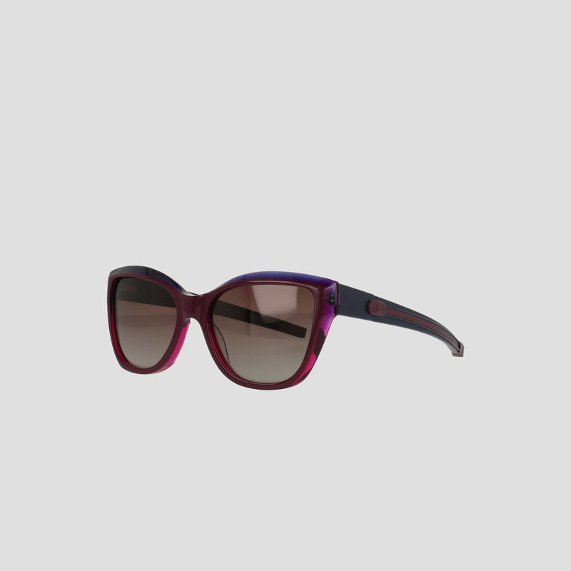 Women's Polarized Retainer Square sunglasses by Champion, featuring a bold purple and black gradient cateye design with brown tinted lenses, handmade from acetate and shown against a plain light gray background.
