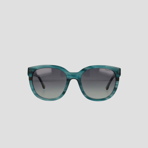 Front view of the Champion Women's Polarized Curvaceous Square sunglasses, featuring blue-green, high-shine acetate frames and dark gradient polarized lenses, set against a plain white background.