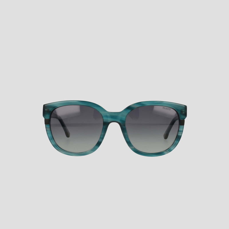 Front view of the Champion Women's Polarized Curvaceous Square sunglasses, featuring blue-green, high-shine acetate frames and dark gradient polarized lenses, set against a plain white background.