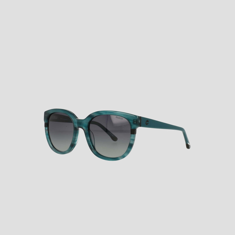 Champion Women's Polarized Curvaceous Square sunglasses, featuring a thick high-shine teal acetate frame, black gradient polarized lenses, and subtly curved arms, are displayed on a plain light gray background.