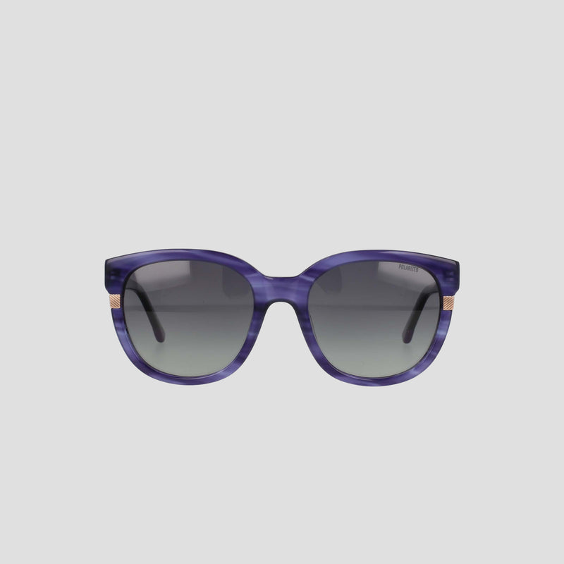 The Champion Women's Polarized Curvaceous Square sunglasses are shown from the front against a plain light gray background. These oversized purple sunglasses feature gradient dark lenses, a glossy acetate frame with subtle gold accents on the sides near the hinges, and an RX-able design for customized prescription lenses.
